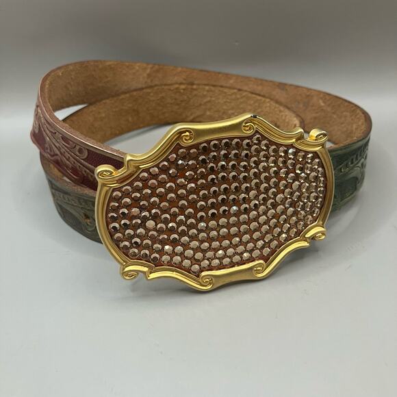 VTG Streets Ahead Belt M Rhinestone Tooled Leather Multicolor Western Artsy 90s - Picture 1 of 10